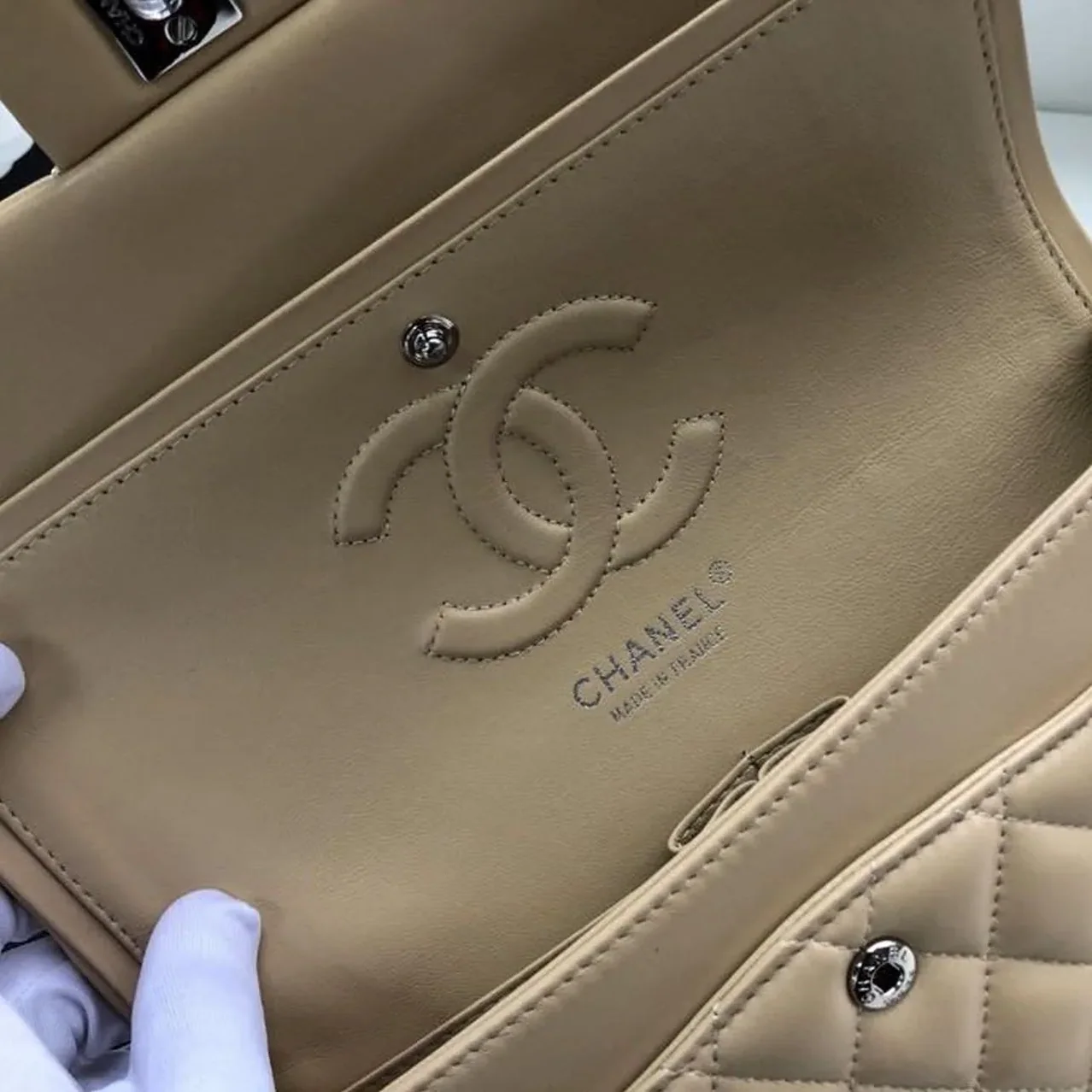 Chanel Classic Double Flap Bag Medium Crossbody in Beige Silver Hardware