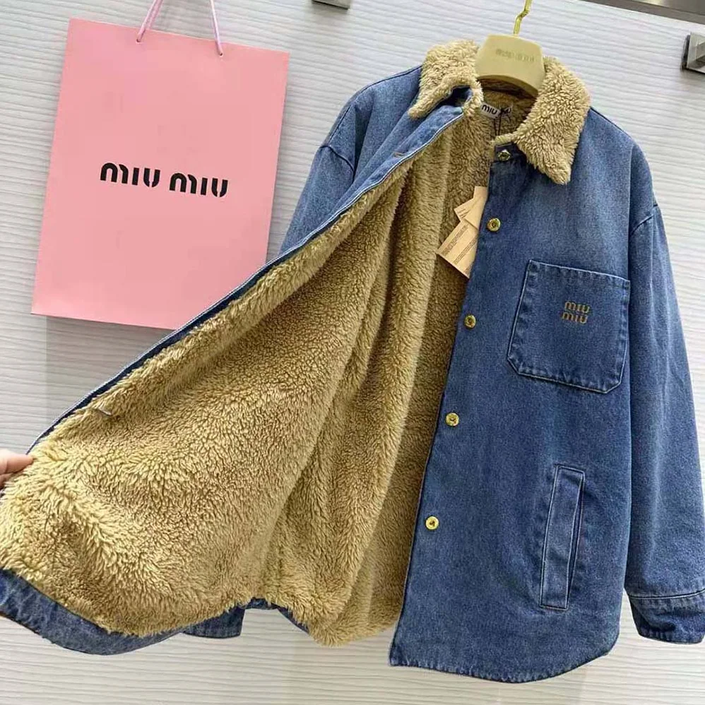 Miu Miu Embroidered Denim Blouson Jacket with Embroidered Logo for Women