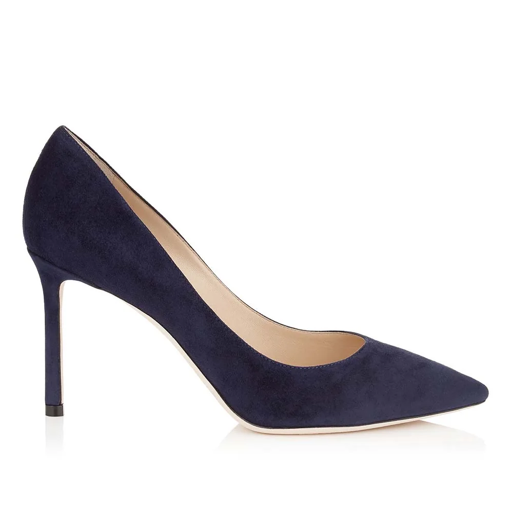 Jimmy Choo Shoes Romy 85 Opal Suede Pointy Toe Pumps for Women in Navy
