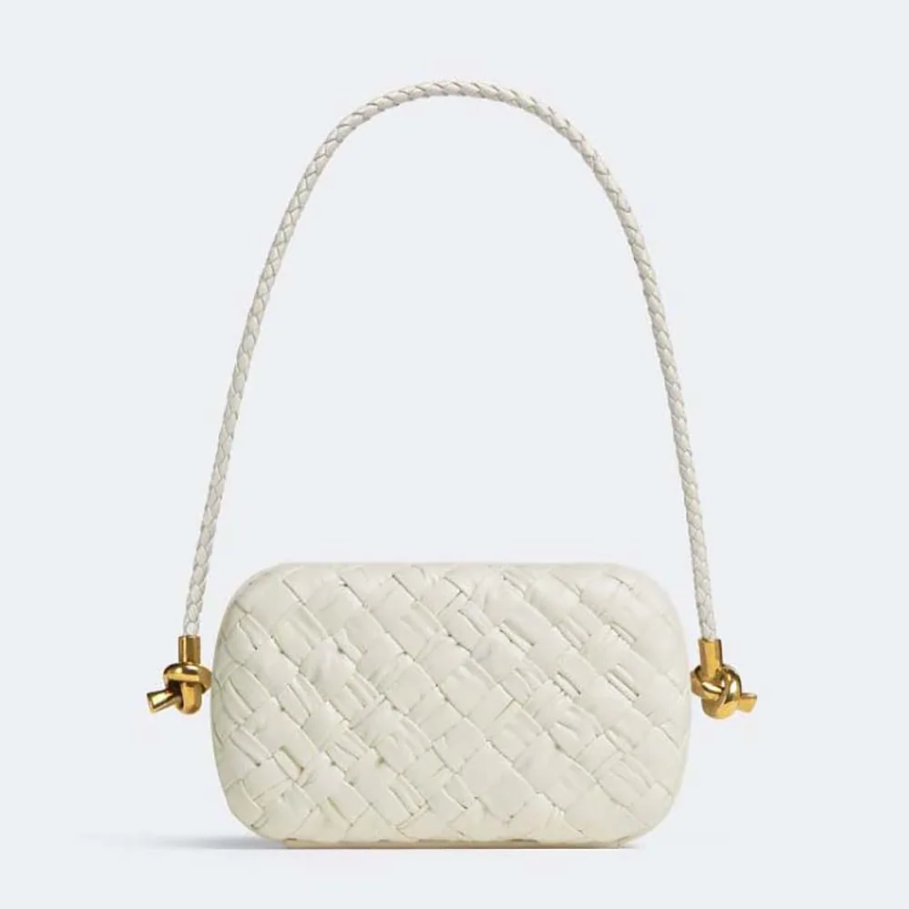 Bottega Veneta Knot On Strap Foulard Intreccio Leather Minaudiere with Strap for Women in White Bottega Veneta Knot On Strap Foulard Intreccio Leather Minaudiere with Strap for Women in White