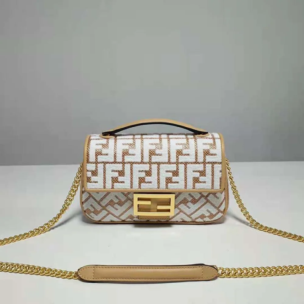 Fendi Baguette Chain Midi Raffia Bag with White Tapestry Fabric FF Motif for Women