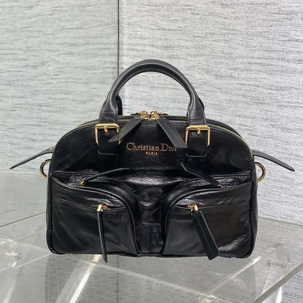Dior Small Grand Tour Bowling Bag Black Crinkled Calfskin for Women