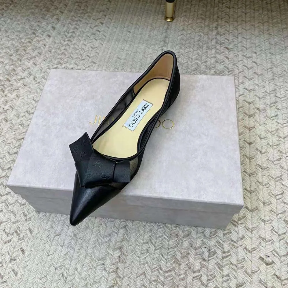 Jimmy Choo Lani Flat Black Mesh Flats with JC Monogram Leather Bow for Women Jimmy Choo Lani Flat Black Mesh Flats with JC Monogram Leather Bow for Women