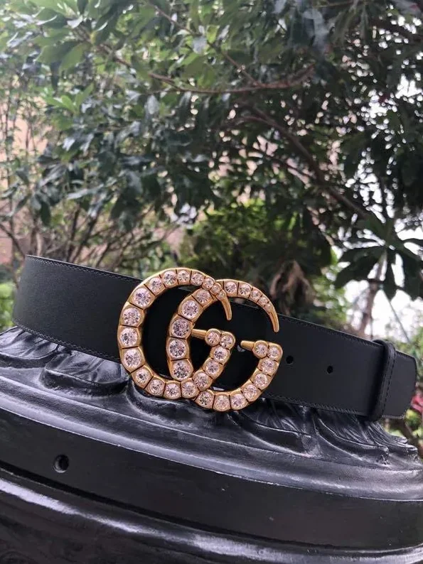 Gucci Belt With Double G Crystals Buckle Black