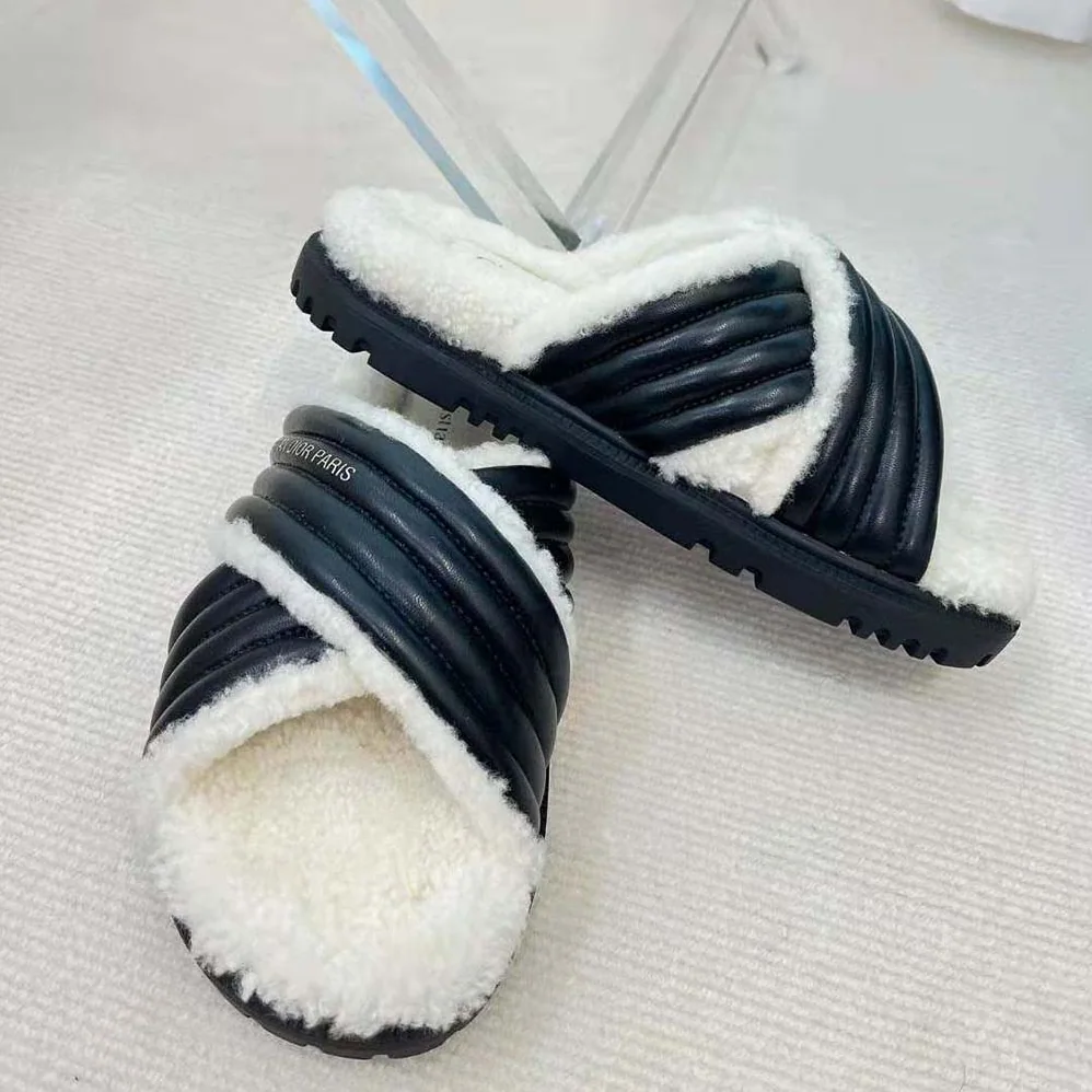 Dior D-Cross Slide Black Lambskin and White Shearling for Women