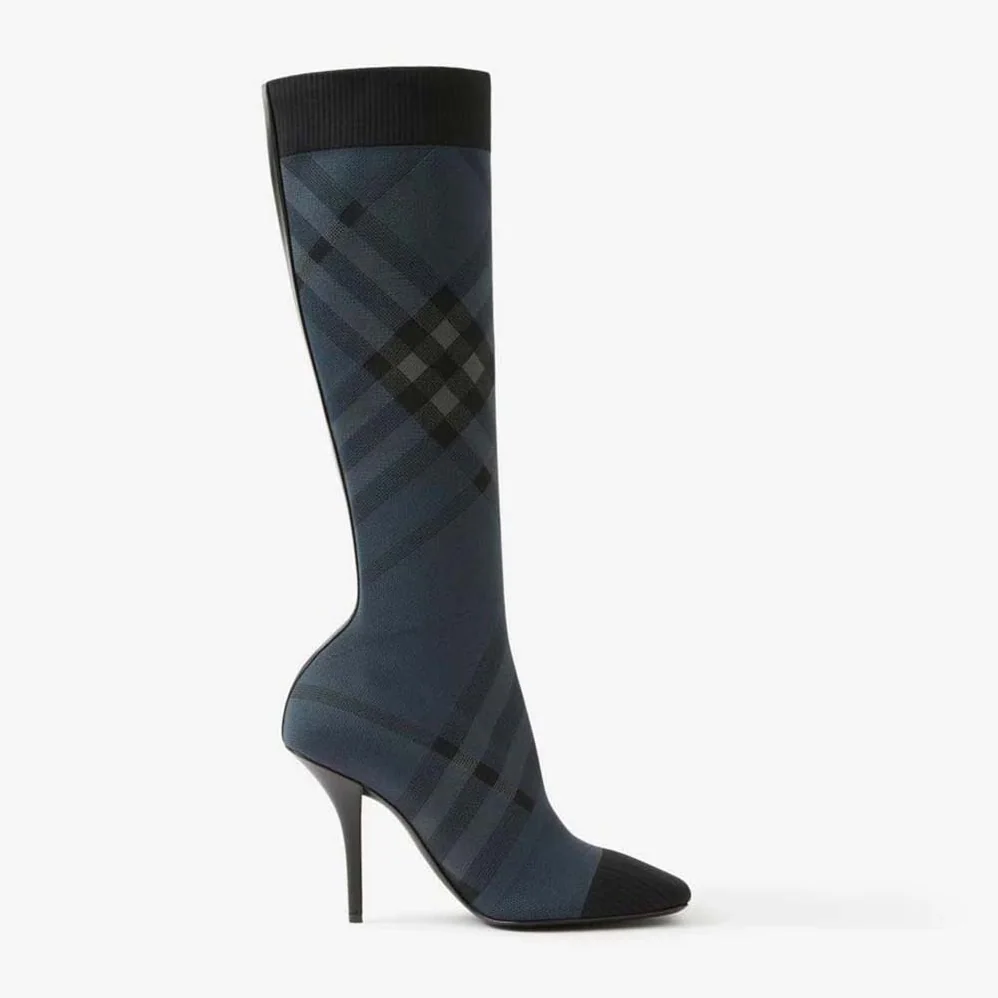 Burberry Knitted Check Sock Boots for Women in Blue Burberry Knitted Check Sock Boots for Women in Blue