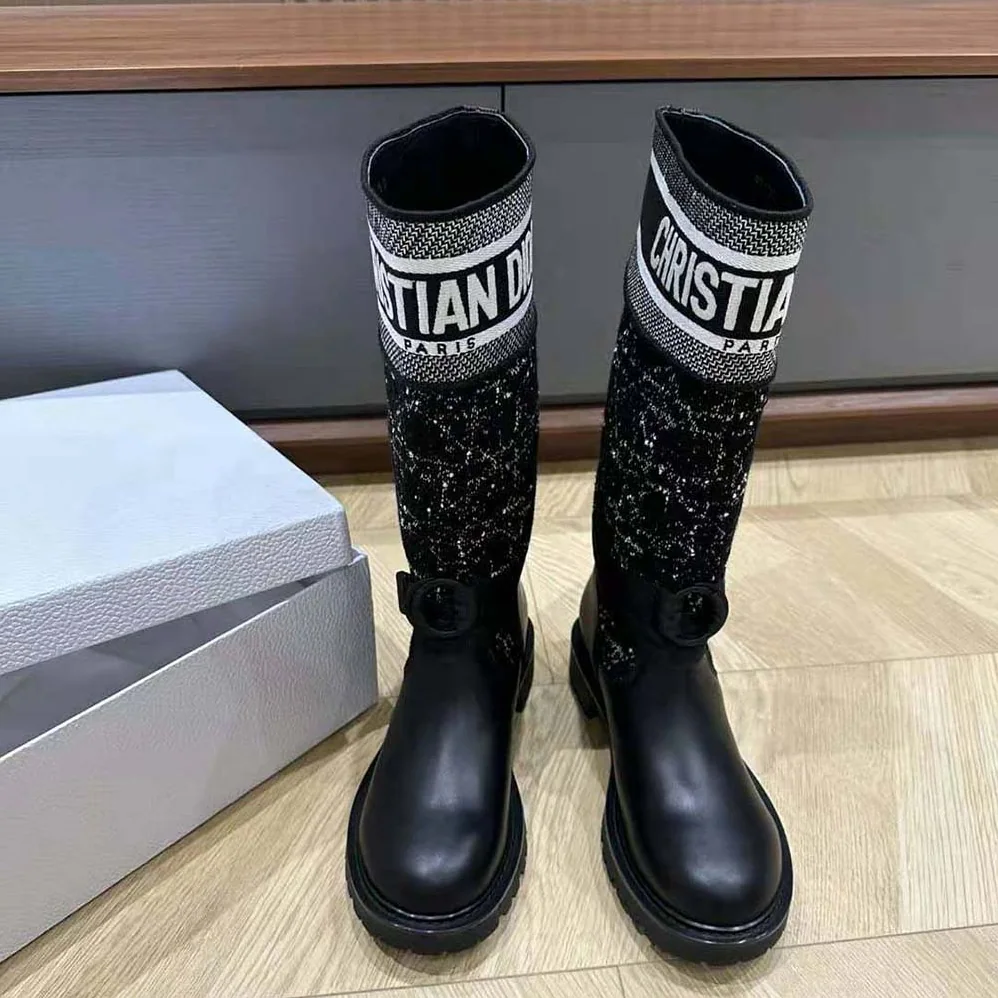 Dior D-Major Boot Black Calfskin with Black and White Cannage Tweed for Women Dior D-Major Boot Black Calfskin with Black and White Cannage Tweed for Women