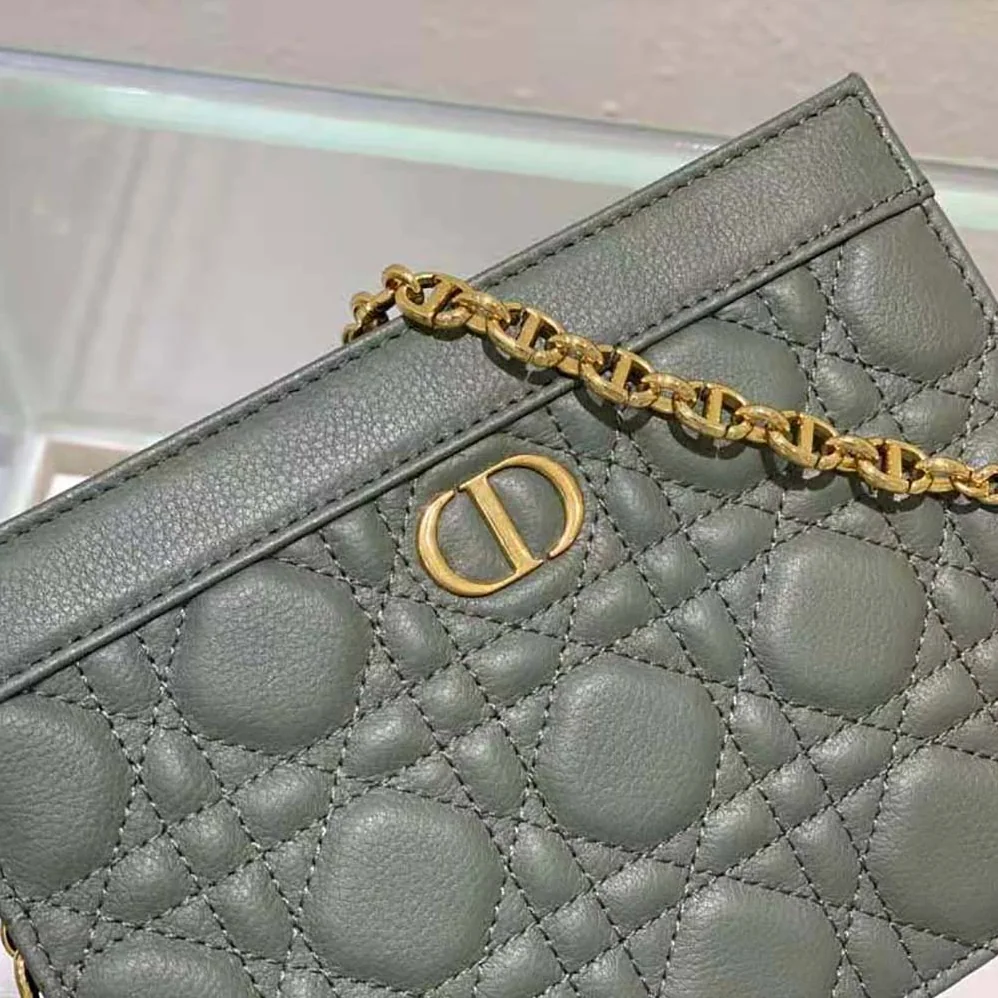 Dior Caro Zipped Pouch with Chain Cedar Green Supple Cannage Calfskin for Women in Green Dior Caro Zipped Pouch with Chain Cedar Green Supple Cannage Calfskin for Women in Green