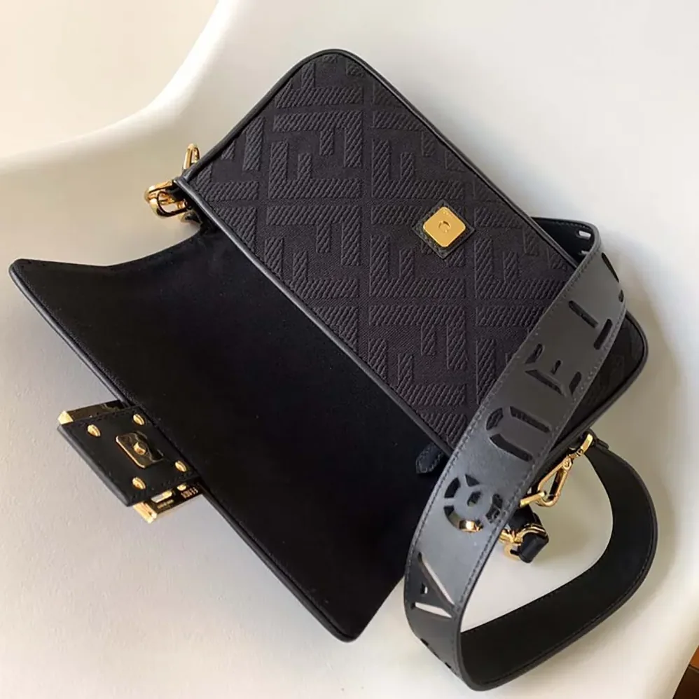 Fendi Baguette Black Denim Bag with FF Embroidery for Women