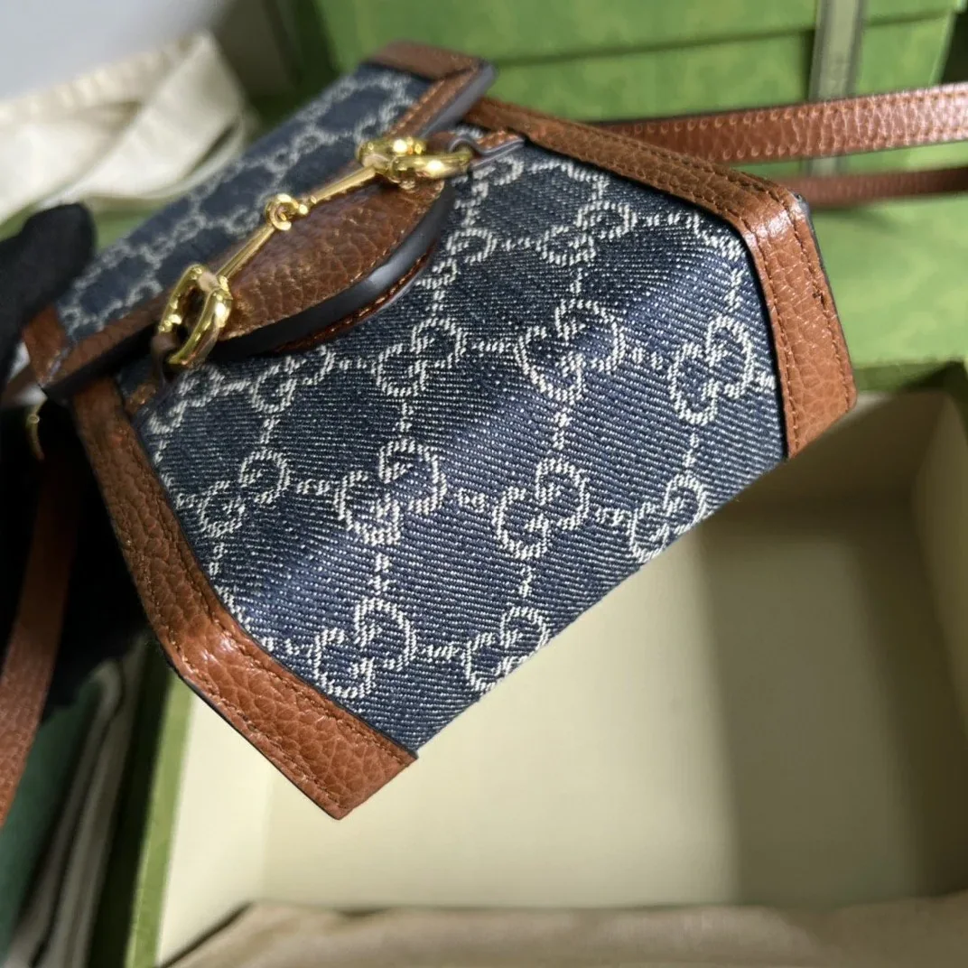 Gucci Horsebit 1955 Mini Bag Blue And Ivory GG Denim Jacquard /