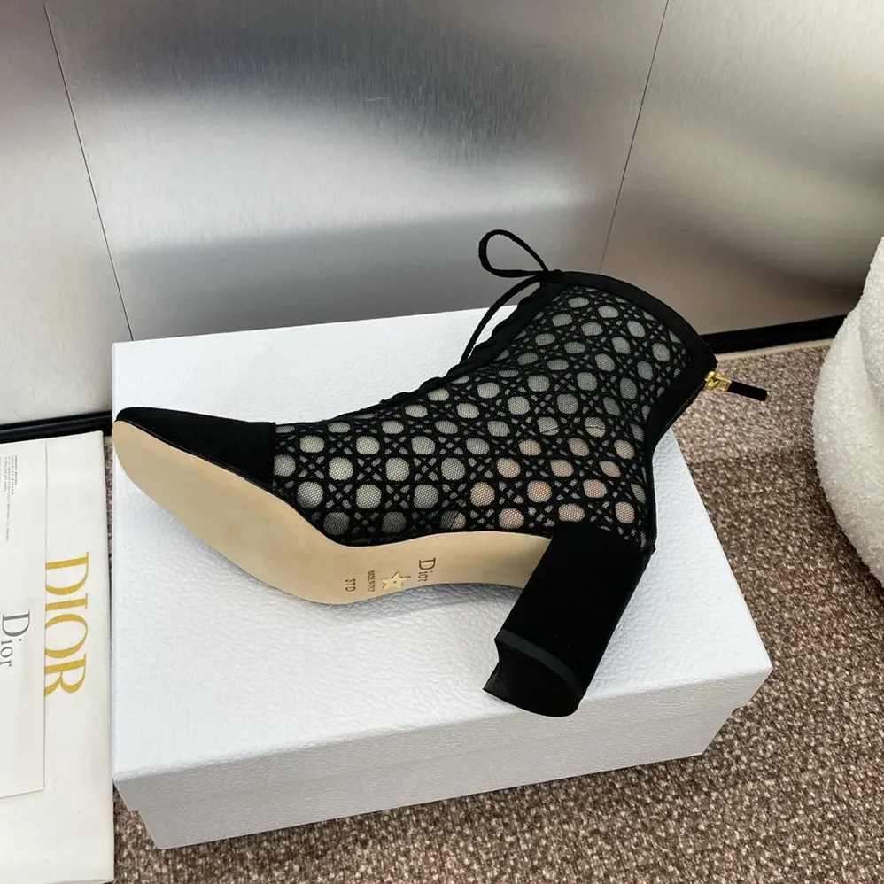 Dior Naughtily-D Heeled Ankle Boot Transparent Mesh Embroidered with Black for Women