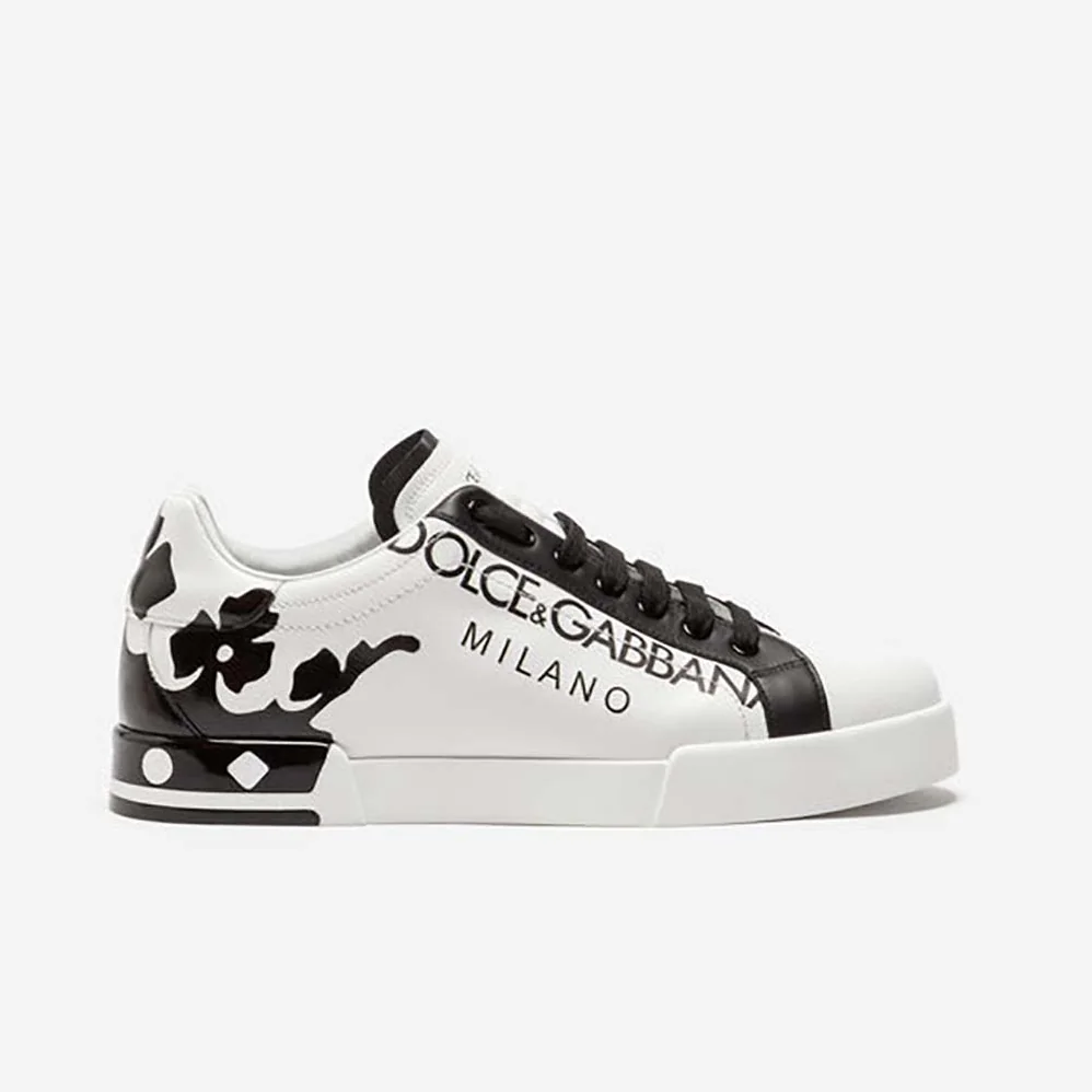 Dolce Gabbana D&G Shoes Portofino Sneakers in Printed Patent Calfskin for Men in Black