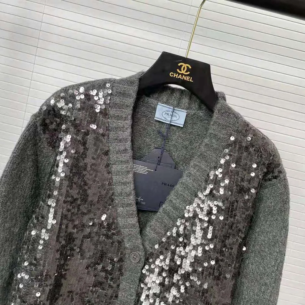 Prada Sequin Embellished Wool Cardigan for Women in Silver Prada Sequin Embellished Wool Cardigan for Women in Silver