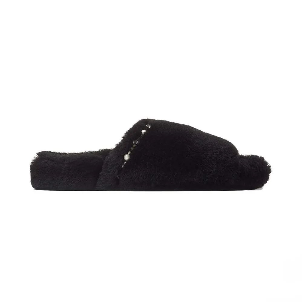 Jimmy Choo Acinda Slipper Black Shearling Slippers with Crystal and Pearl Detailing for Women