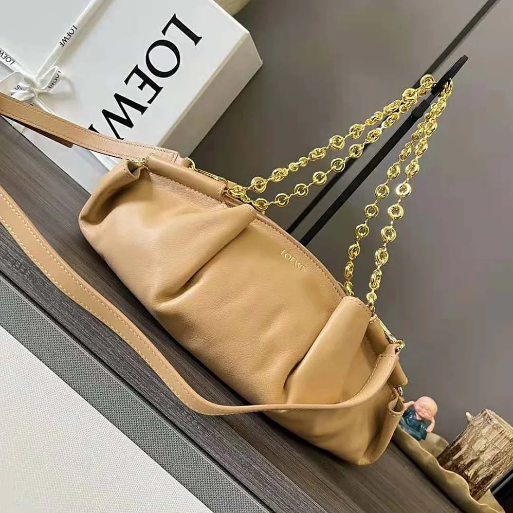 Loewe Small Paseo Bag in Shiny Nappa Calfskin with Chain for Women in Sandy Loewe Small Paseo Bag in Shiny Nappa Calfskin with Chain for Women in Sandy