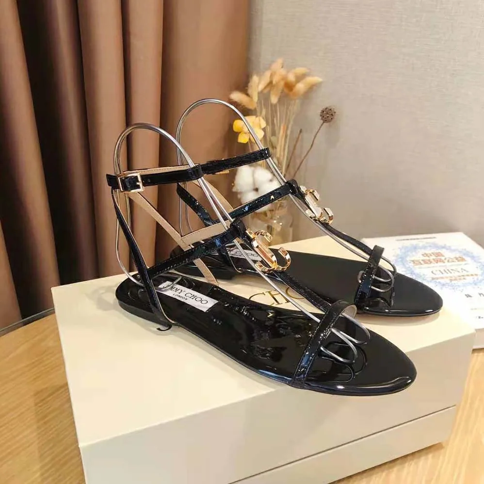 Jimmy Choo Alodie Flat Black Nappa and Patent Leather Flat Sandals for Women Jimmy Choo Alodie Flat Black Nappa and Patent Leather Flat Sandals for Women