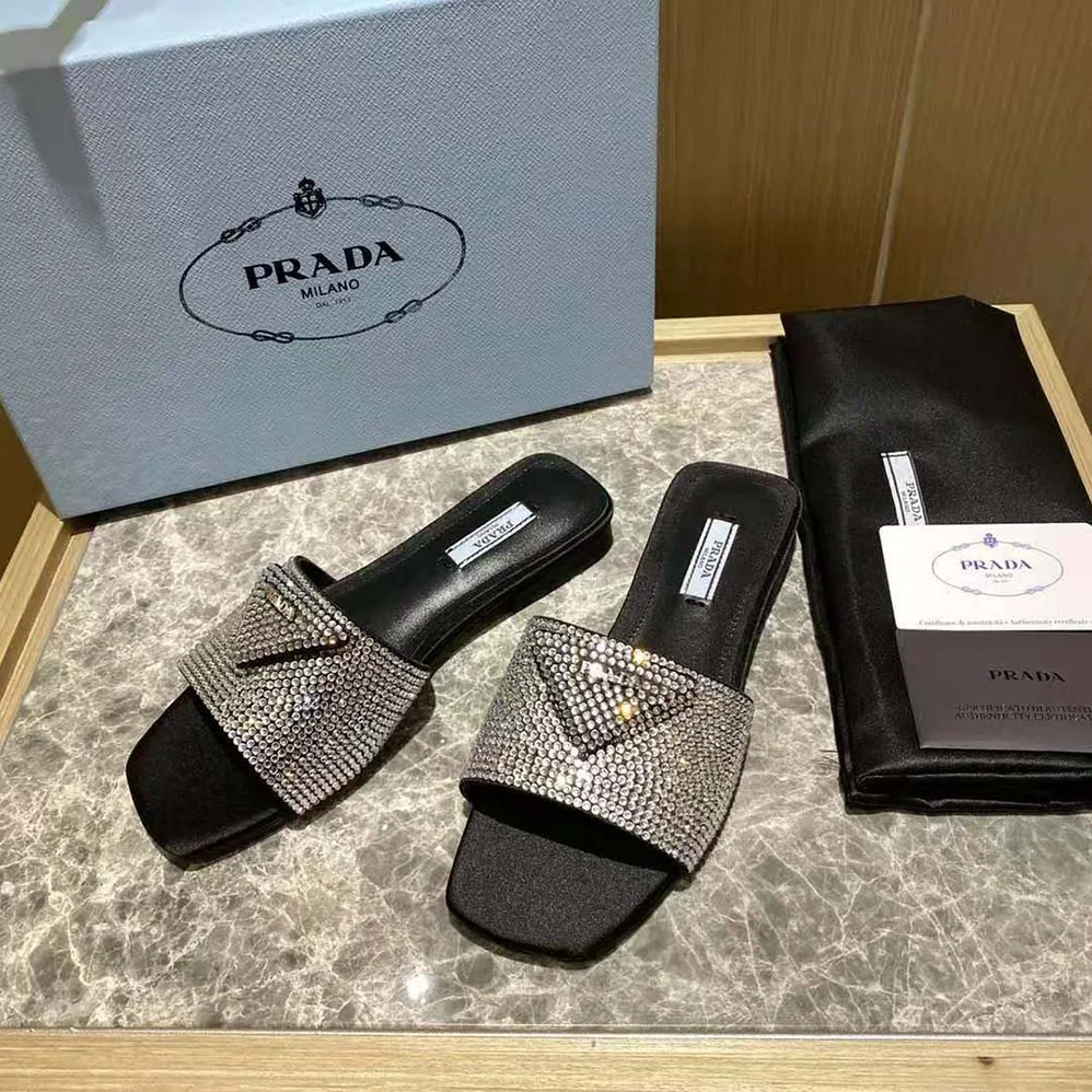 Prada Satin Slides with Crystals for Women in Black Prada Satin Slides with Crystals for Women in Black