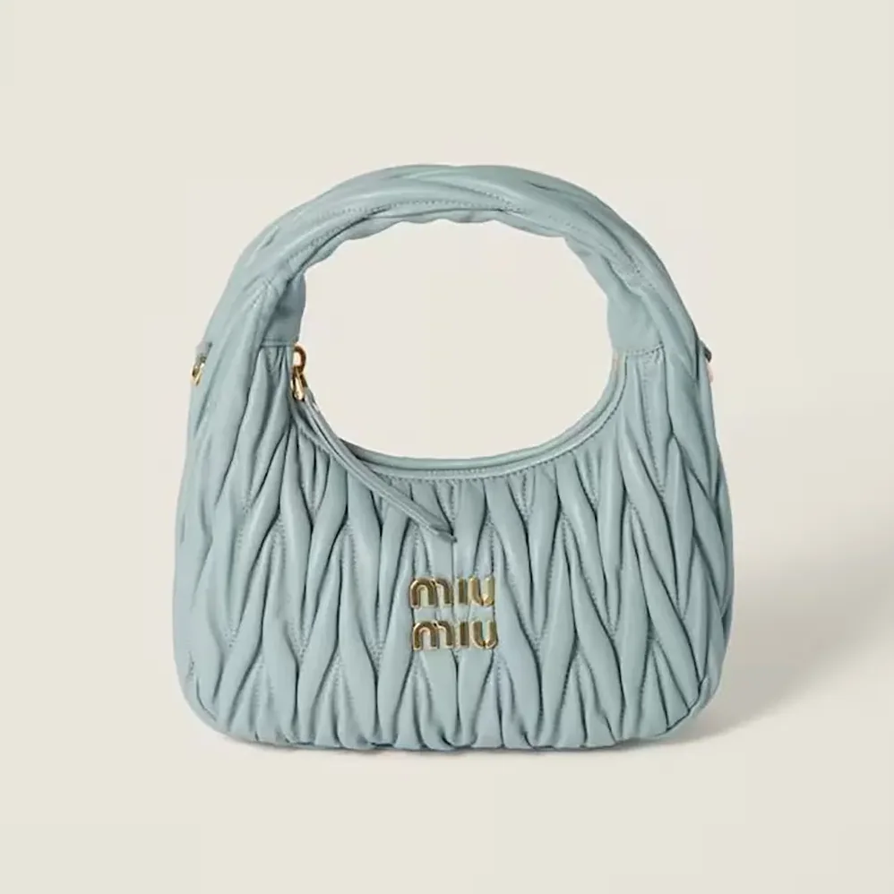 Miu Miu Wander Matelassé Nappa Leather Hobo Bag for Women in Powder Blue Miu Miu Wander Matelassé Nappa Leather Hobo Bag for Women in Powder Blue