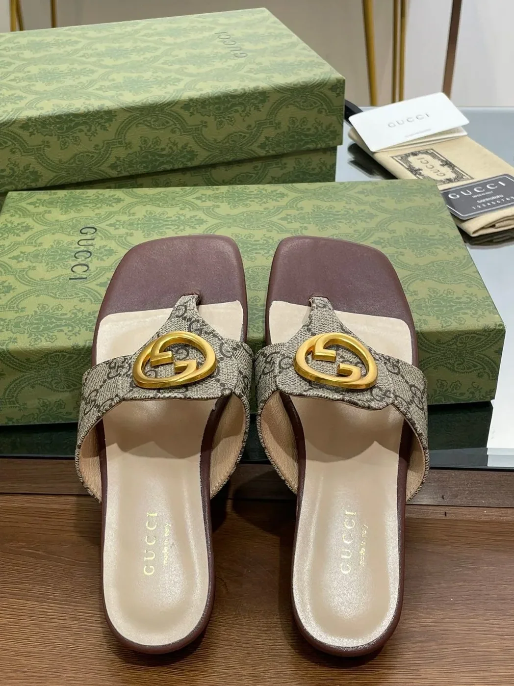 Gucci Blondie Thong Sandal In Monogram Brown Gucci Blondie Thong Sandal In Monogram Brown