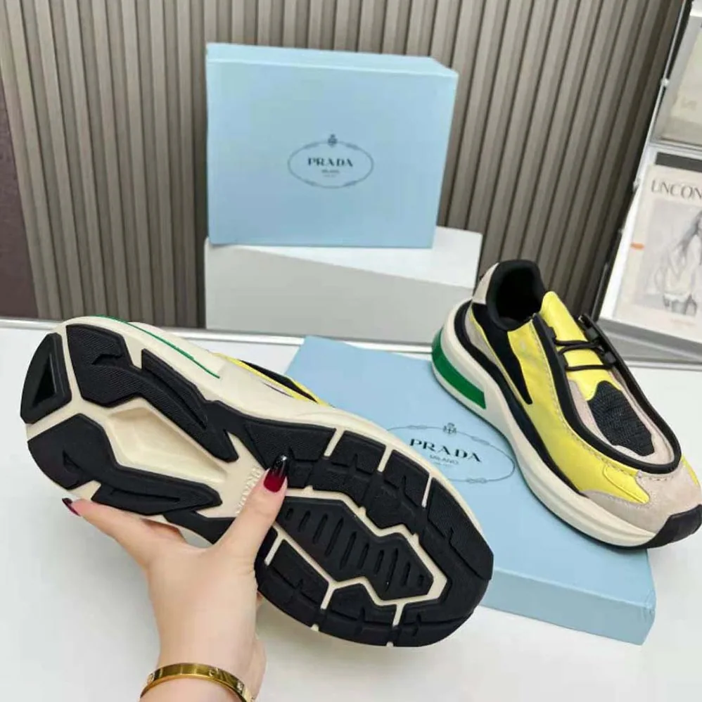 Prada Systeme Brushed Leather Sneakers with Bike Fabric and Suede Elements for Men in Yellow