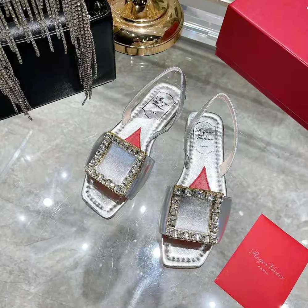 Roger Vivier Biki Love Strass Buckle Sandals in Leather for Women in Silver Roger Vivier Biki Love Strass Buckle Sandals in Leather for Women in Silver