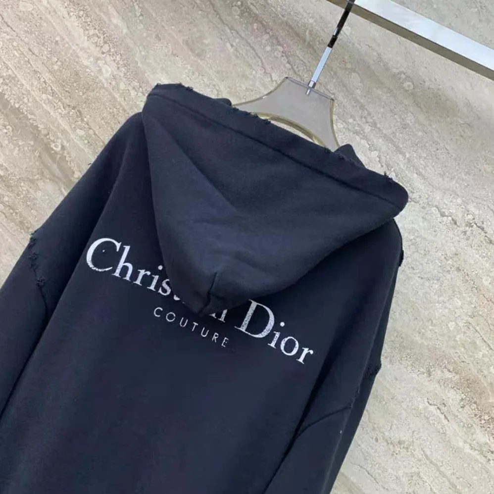 Dior Christian Dior Couture Hooded Sweatshirt Black Cotton Fleece with Dévoré Effect for Women Dior Christian Dior Couture Hooded Sweatshirt Black Cotton Fleece with Dévoré Effect for Women