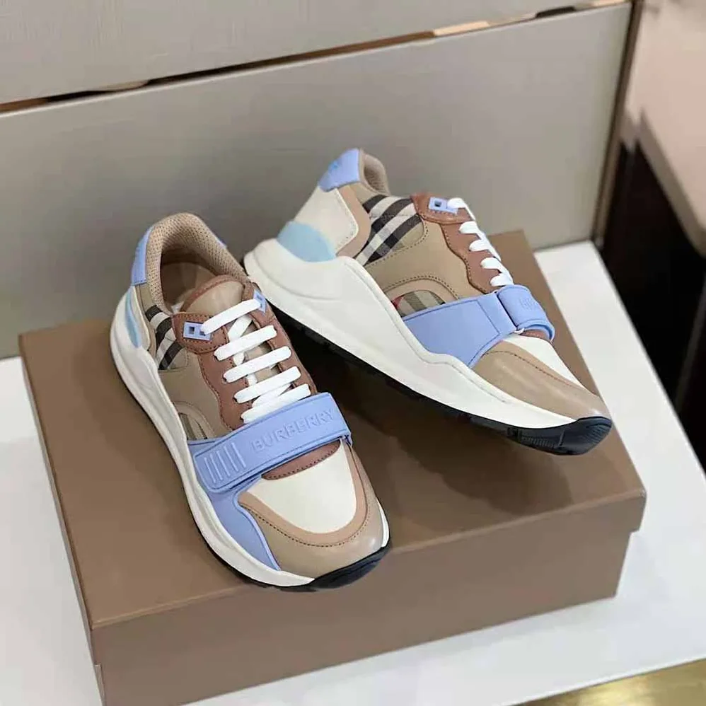 Burberry Check Cotton Canvas and Leather Sneakers for Women in Blue Burberry Check Cotton Canvas and Leather Sneakers for Women in Blue