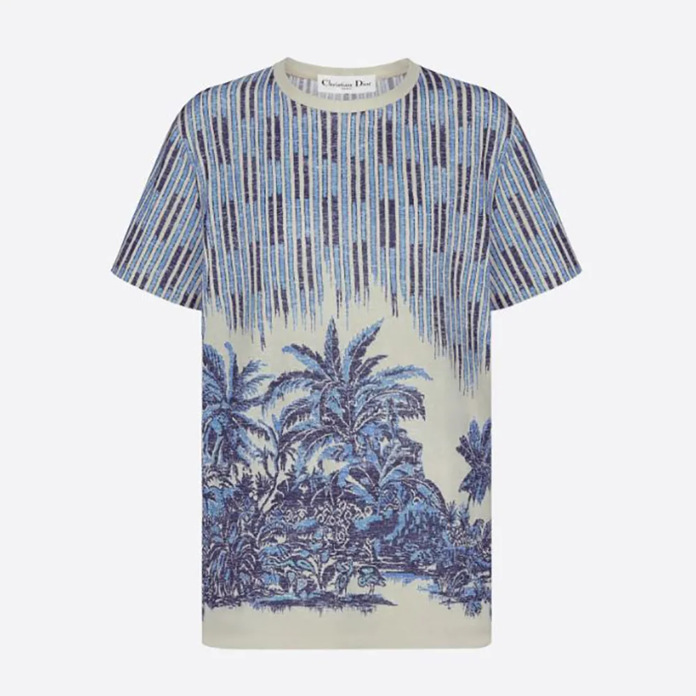 Dior T-shirt Navy Blue and White Cotton Jersey and Linen for Women