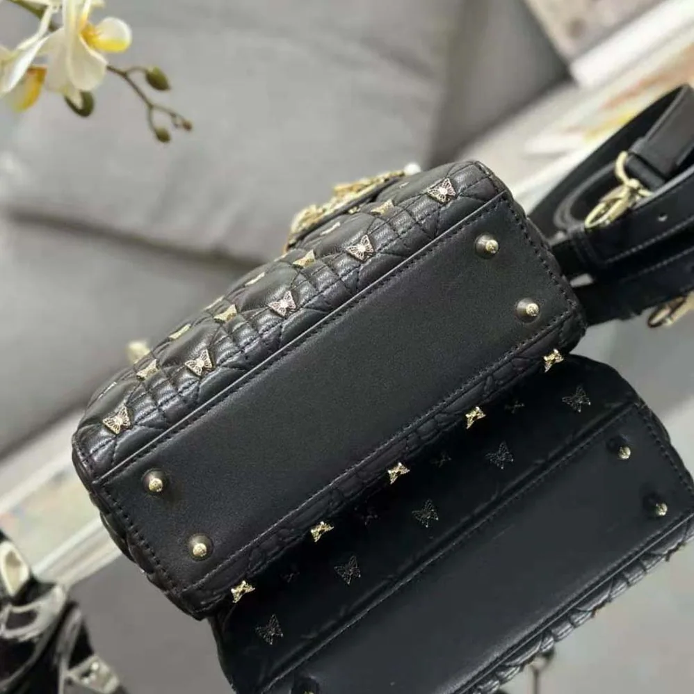 Dior Small Lady Dior Bag Black Cannage Lambskin with Gold for Women in Finish Butterfly Studs