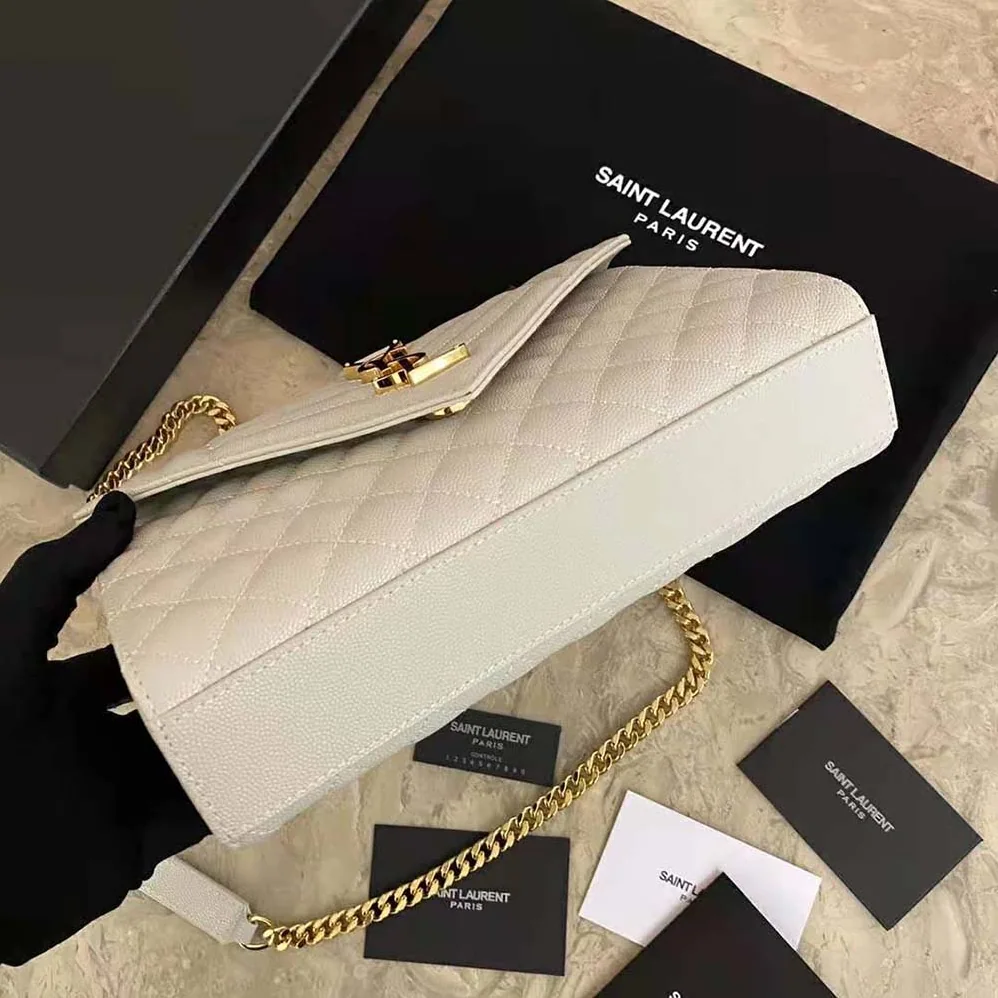 Saint Laurent YSL Envelope Medium Bag in Mix Matelasse Grain DE Poudre Embossed Leather for Women in White