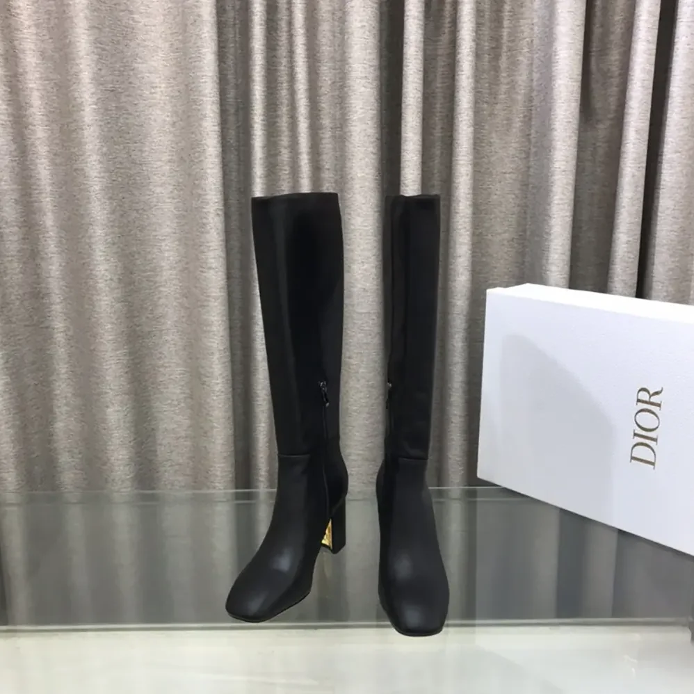 Dior Logo Knee-High Boot in Black Calfskin with Gold for Women in Tone Accents Dior Logo Knee-High Boot in Black Calfskin with Gold for Women in Tone Accents
