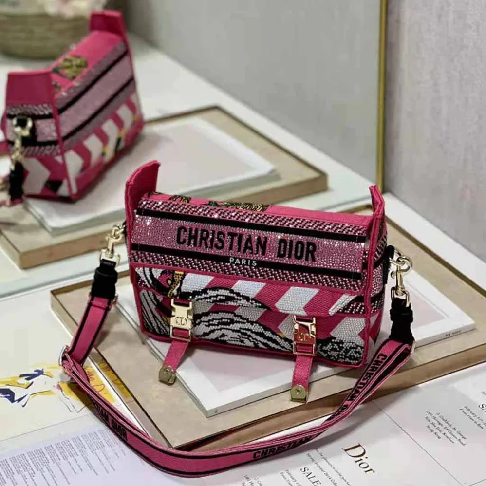 Dior Small Diorcamp Bag Pink Multicolor Toile de Jouy Zoom Technical Canvas with Strass for Women