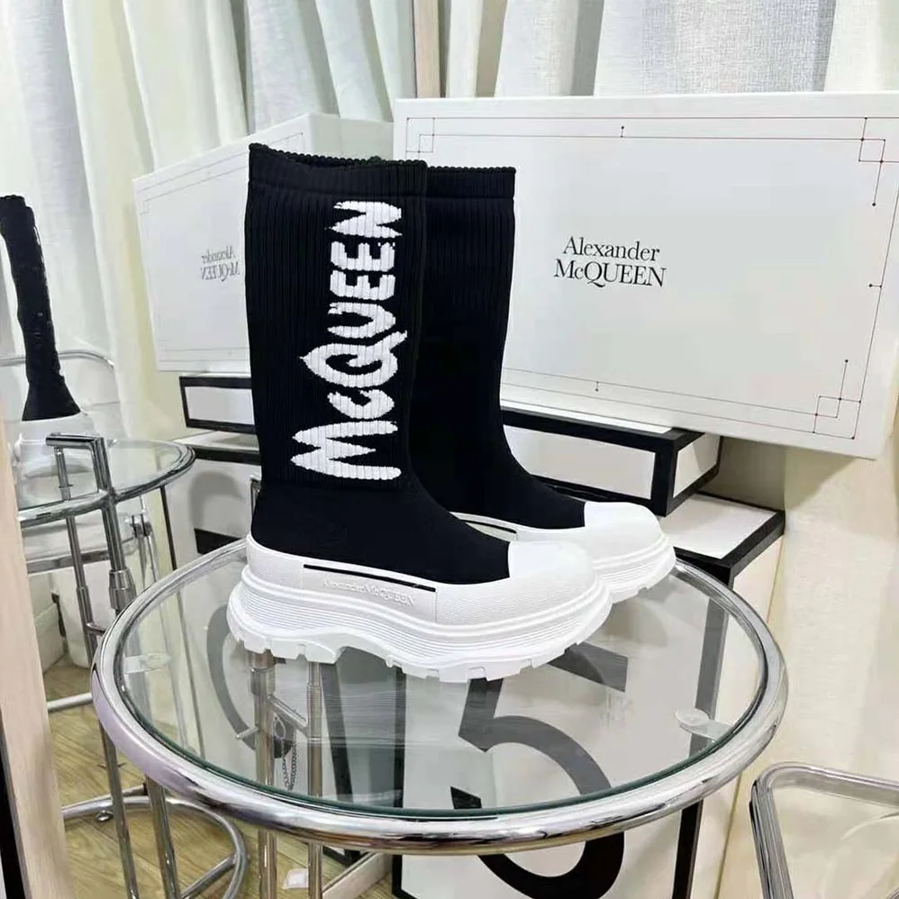 Alexander Mcqueen McQueen Graffiti Knit Tread Slick Boot in Black for Women in White Alexander Mcqueen McQueen Graffiti Knit Tread Slick Boot in Black for Women in White