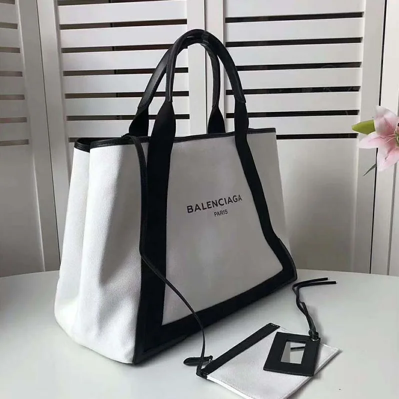 Balenciaga Navy Cabas M Cotton Canvas and Calfskin Tote for Women