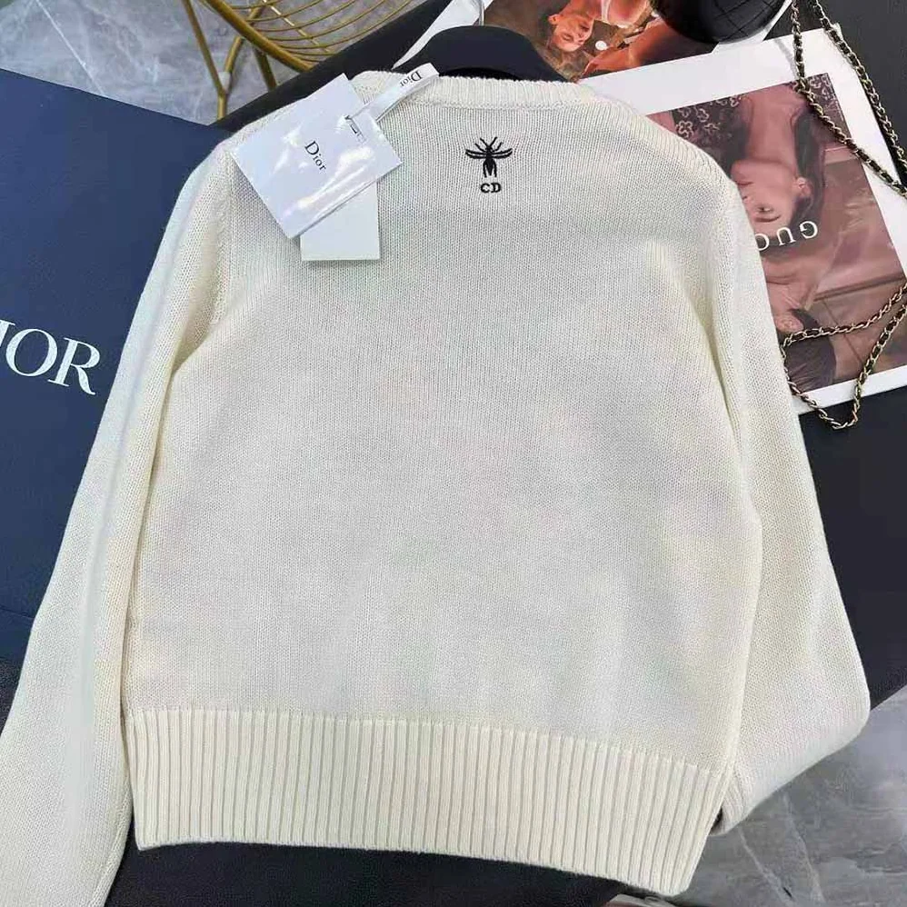 Dior Chez Moi Sweater Ecru Cashmere Intarsia Knit with Multicolor D for Women in Constellation Motif Dior Chez Moi Sweater Ecru Cashmere Intarsia Knit with Multicolor D for Women in Constellation Motif