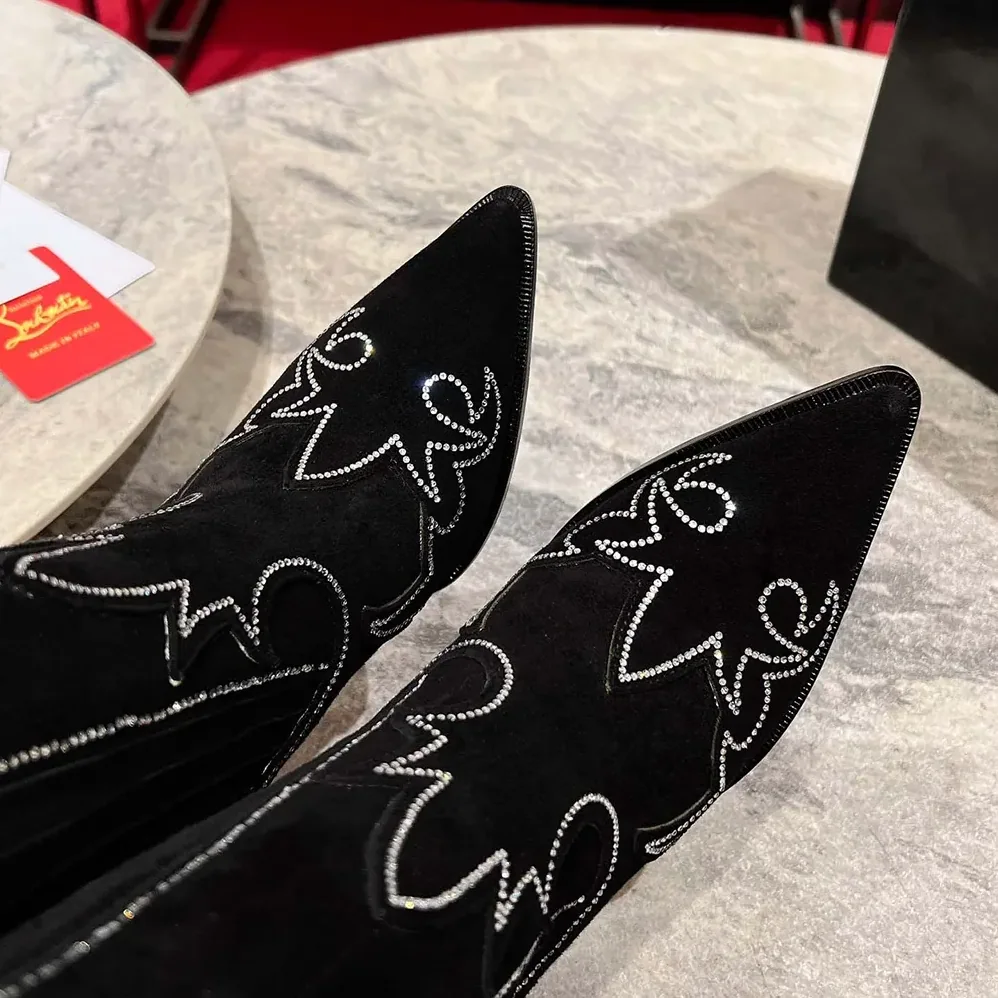 Christian Louboutin Santigag Strass 85 mm Low Boots Veau Velours and Strass for Women in Black Christian Louboutin Santigag Strass 85 mm Low Boots Veau Velours and Strass for Women in Black