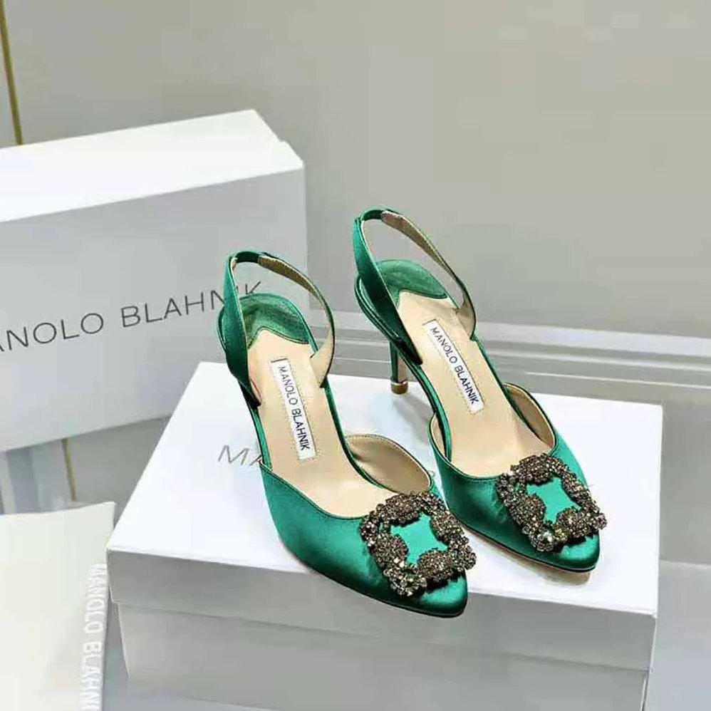 Manolo Blahnik Green Satin Jewel Buckle Slingback Pumps for Women Manolo Blahnik Green Satin Jewel Buckle Slingback Pumps for Women