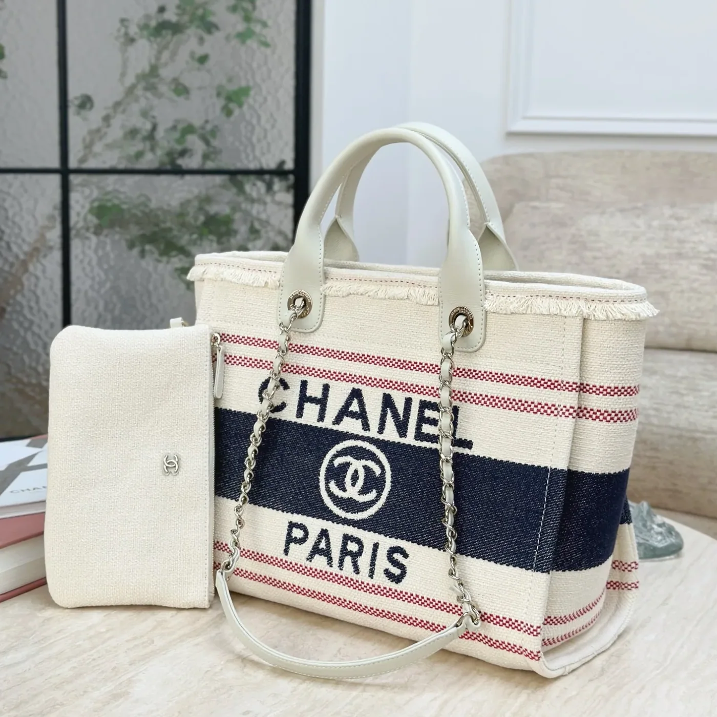 Chanel Deauville Large Tote Bag in Beige Gold Hardware