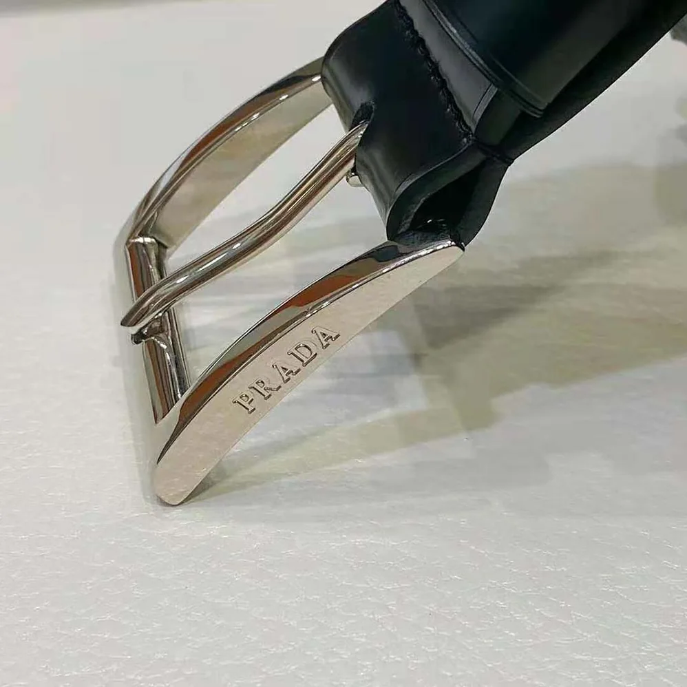 Prada Brushed Leather Belt with Enameled Metal Triangle Logo for Women