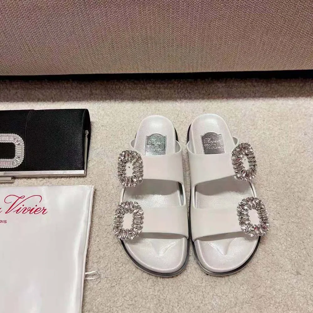 Roger Vivier Slidy Viv Strass Buckle Sandals in Fabric for Women in White
