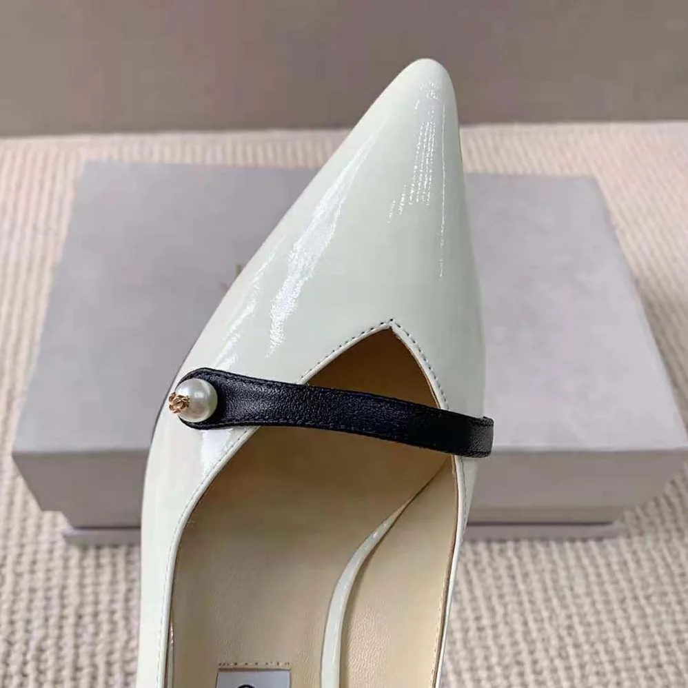 Jimmy Choo Rosalia 65 Latte Patent Pointed Pumps with Pearl Detail for Women
