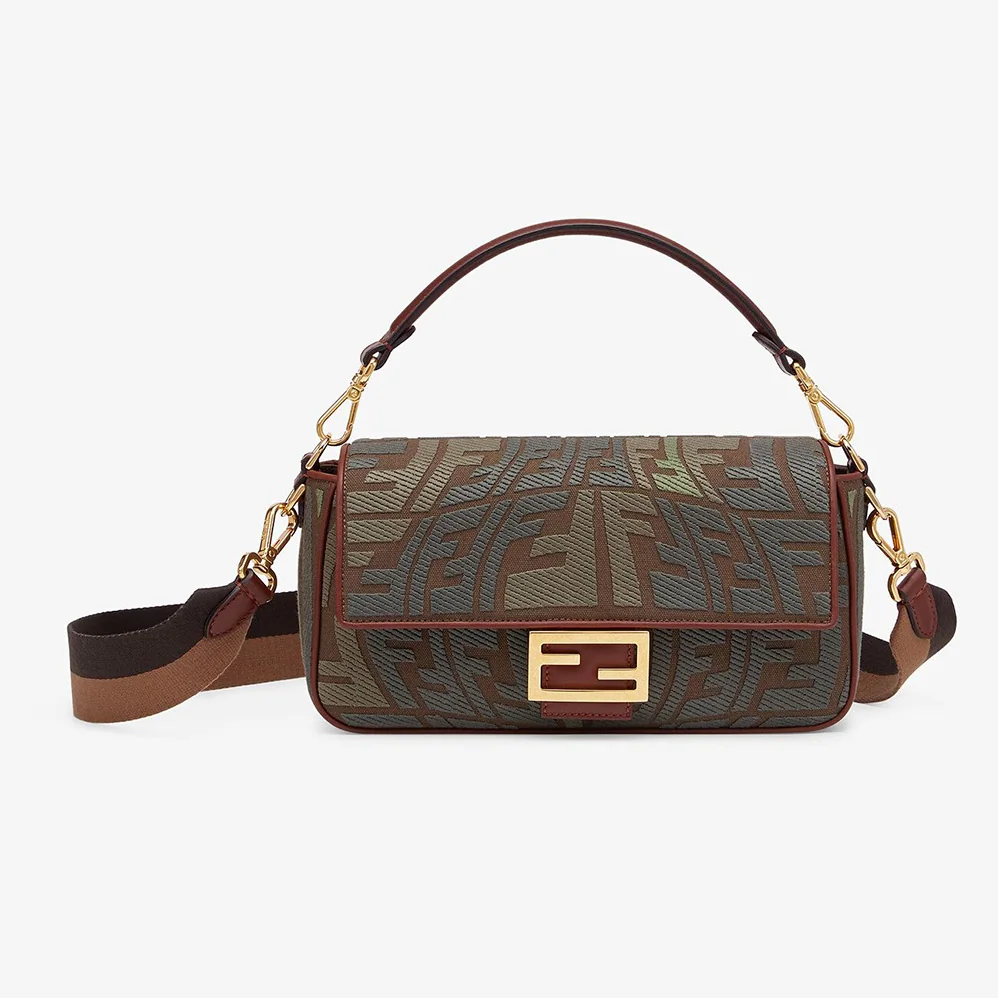 Fendi Baguette Embroidered Green Canvas Bag for Women