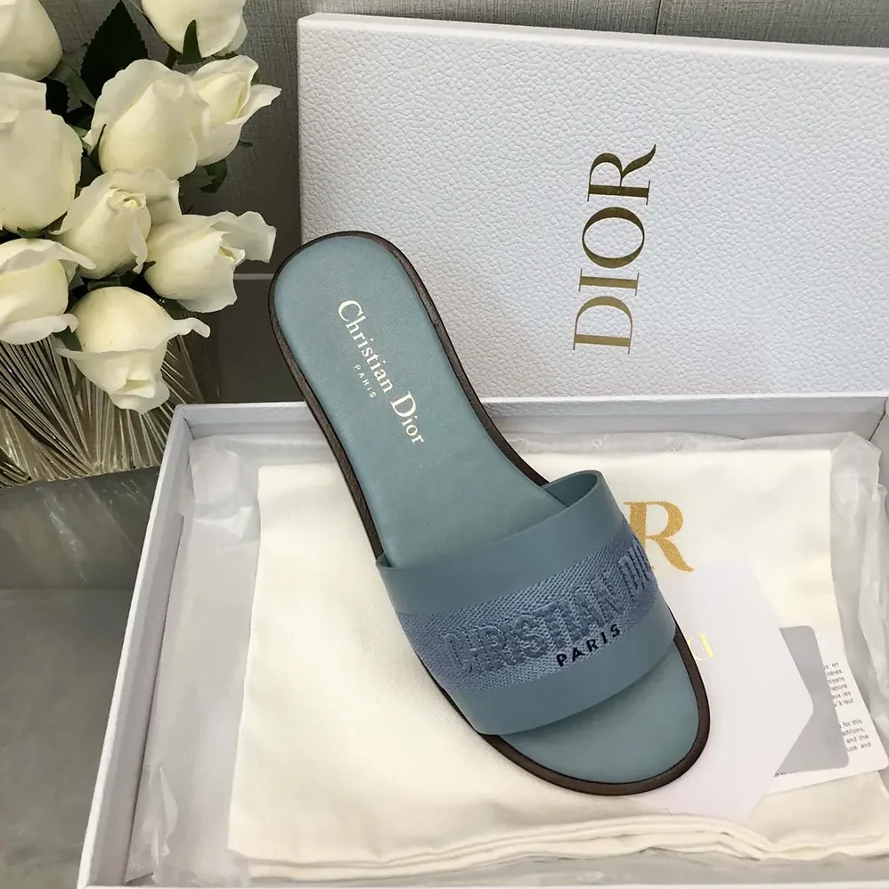 Dior Dway Slide Pastel Blue Calfskin and Embroidered Cotton for Women