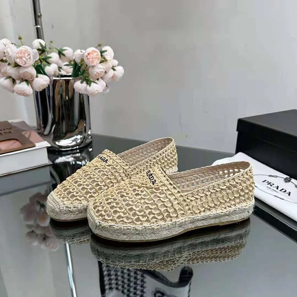 Prada Crochet Espadrilles with Embroidered Logo for Women in Beige
