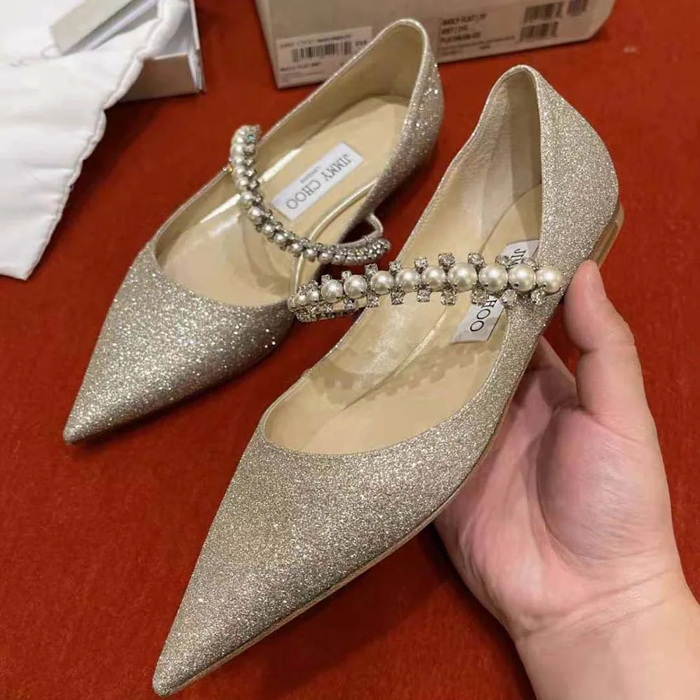 Jimmy Choo Baily Flat Platinum Ice Dusty Glitter Flats with Crystal and Pearl Strap for Women Jimmy Choo Baily Flat Platinum Ice Dusty Glitter Flats with Crystal and Pearl Strap for Women