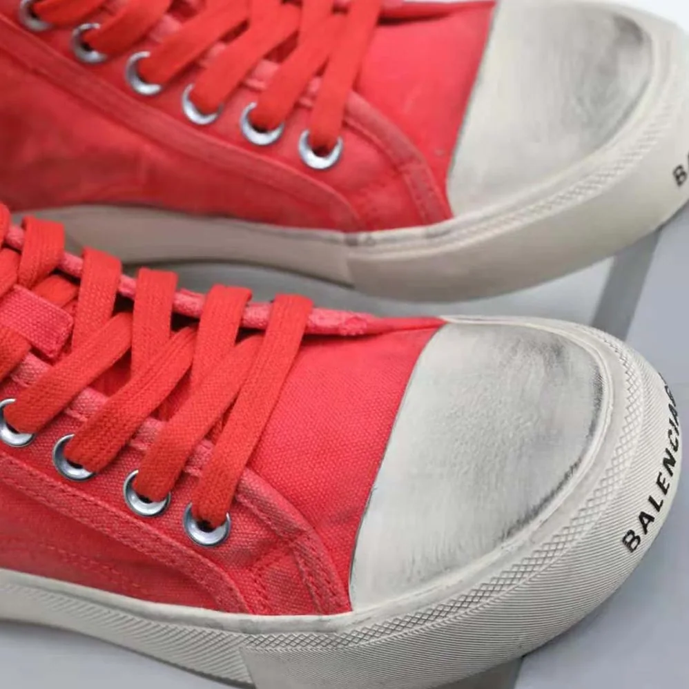 Balenciaga Paris High Top Sneaker in Red Destroyed Cotton and White Rubber for Unisex Balenciaga Paris High Top Sneaker in Red Destroyed Cotton and White Rubber for Unisex