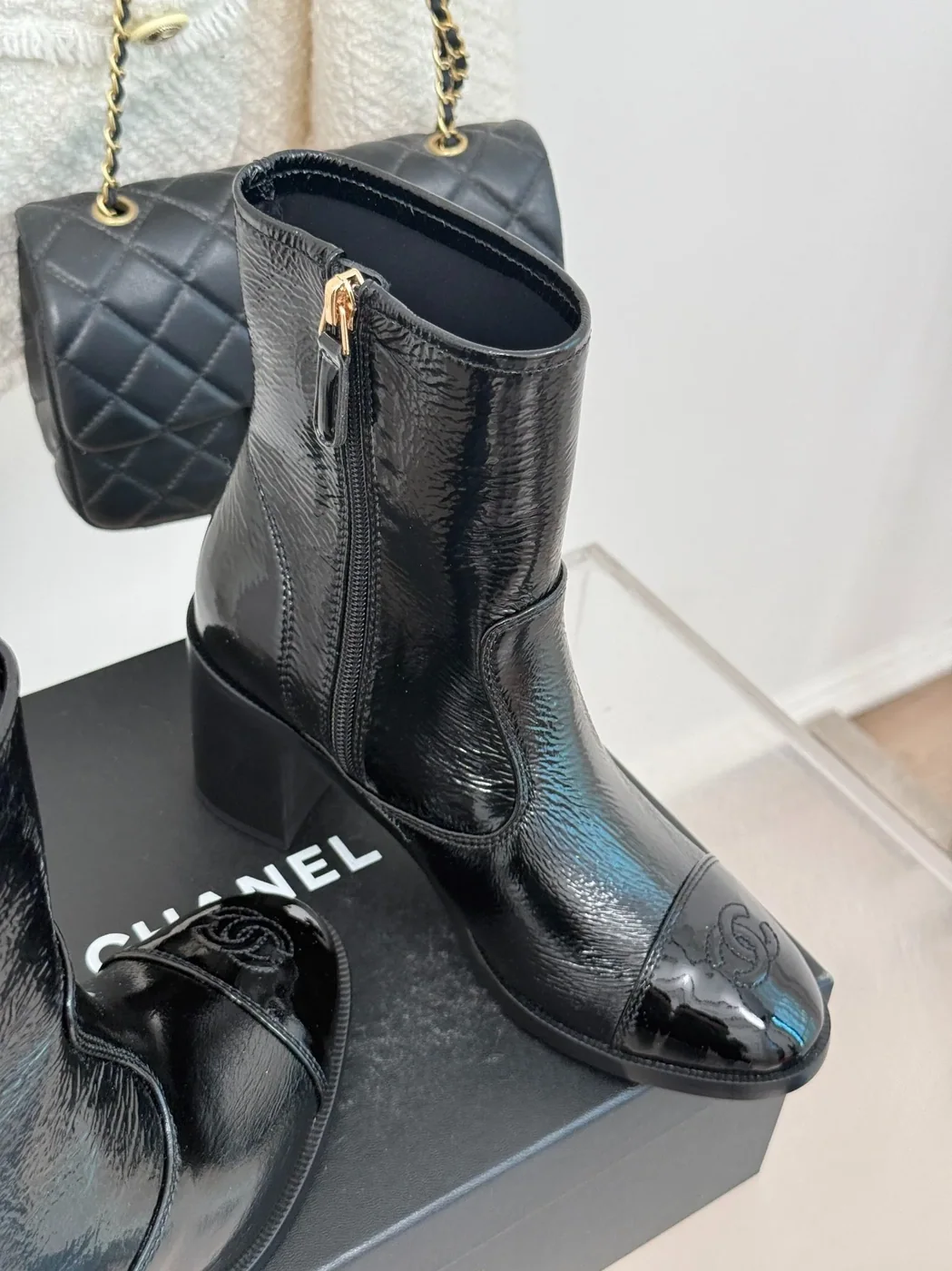 Chanel Glossy Chunky Ankle Heel Boots Black / Chanel Glossy Chunky Ankle Heel Boots Black /