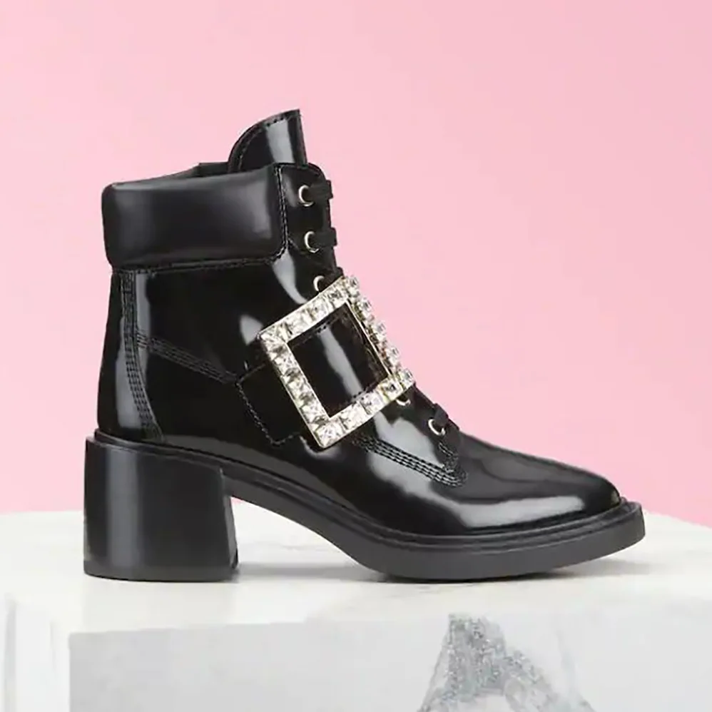 Roger Vivier Viv' Rangers Strass Buckle Ankle Boots in Leather-6cm Heel for Women Roger Vivier Viv' Rangers Strass Buckle Ankle Boots in Leather-6cm Heel for Women