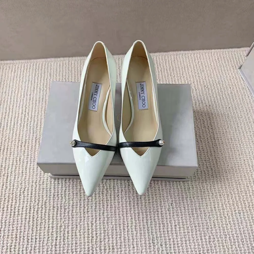 Jimmy Choo Rosalia 65 Latte Patent Pointed Pumps with Pearl Detail for Women
