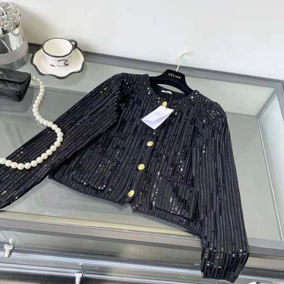 Celine Embroidered Cardigan in Ribbed Mohair for Women in Black
